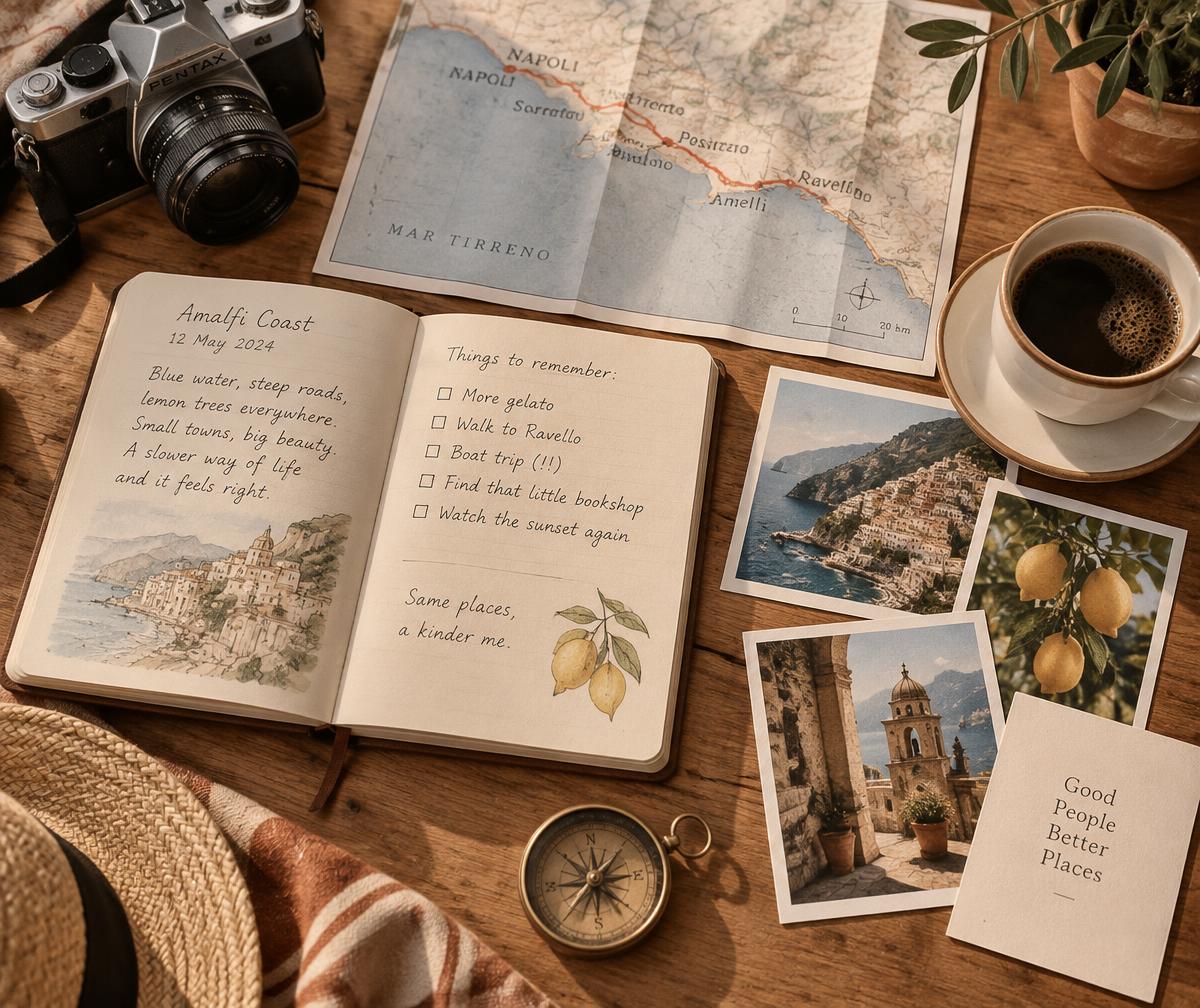 A travel journal, map and photographs spread across a table